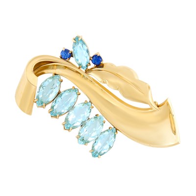 Lot 116 - Retro Gold, Aquamarine and Sapphire Brooch