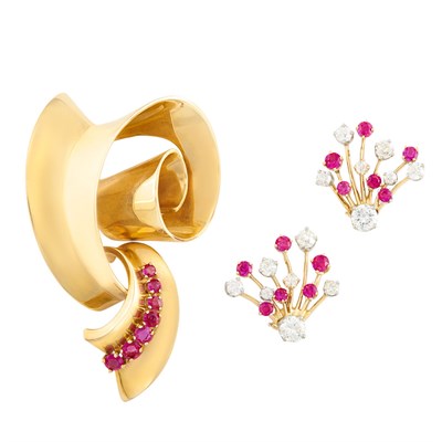 Lot 109 - Retro Two-Color Gold and Ruby Brooch and Pair of Gold, Diamond and Synthetic Ruby Spray Earclips