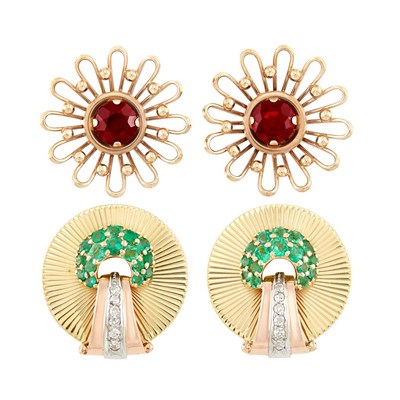 Lot 115 - Pair of Gold and Garnet Earclips and Pair of Tricolor Gold, Emerald and Diamond Earclips