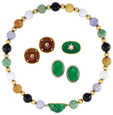Lot 81 - Two-Color Gold, Multicolored Jade, Diamond and Seed Pearl Necklace, Brooch and Two Pairs of Earclips