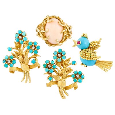 Lot 276 - Group of Gold, Turquoise, Diamond and Coral Jewelry