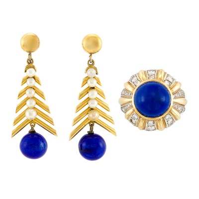 Lot 283 - Two-Color Gold, Lapis and Diamond Ring and Pair of Gold, Low Karat Gold, Cultured Pearl and Lapis Pendant-Earclips