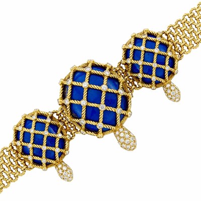 Lot 413 - Gold, Lapis Lazuli and Diamond Turtle Bracelet-Watch, Bueche Girod
