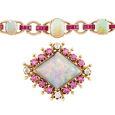 Lot 114 - Gold, Opal, Ruby, Pink Sapphire and Diamond Pendant-Brooch and Opal and Ruby Bracelet