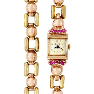 Lot 117 - Retro Two-Color Gold Bracelet and Ruby Wristwatch, Pery
