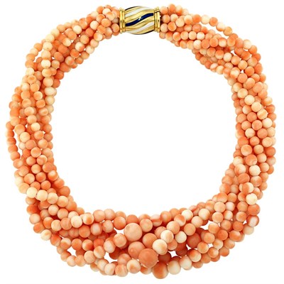 Lot 377 - Nine Strand Gold, Coral Bead and Enamel Torsade Necklace, Bulgari