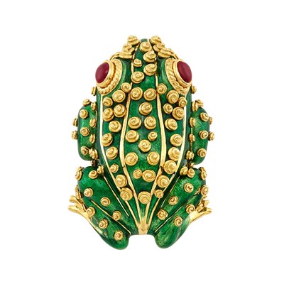 Lot 385 - Gold, Enamel and Cabochon Ruby Frog Clip-Brooch