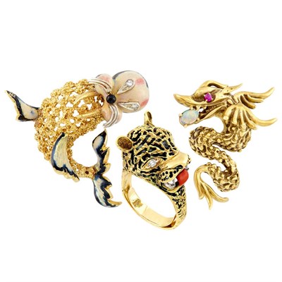 Lot 216 - Two Two-Color Gold, Diamond, Opal, Ruby and Enamel  Walrus and Dragon Brooches and Tiger Ring