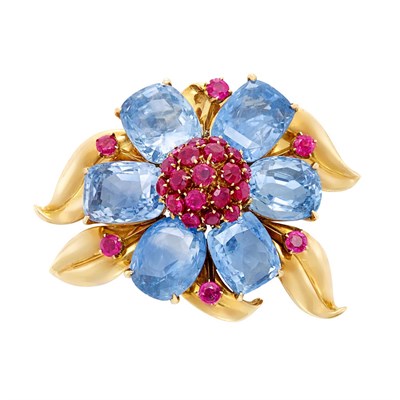 Lot 190 - Gold, Sapphire and Ruby Flower Brooch