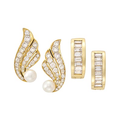 Lot 610 - Pair of Gold, Diamond and Cultured Pearl Earclips and Gold and Diamond Hoop Earrings