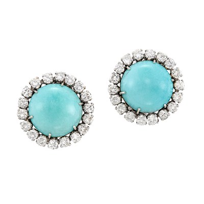 Lot 336 - Pair of White Gold, Turquoise and Diamond Earclips