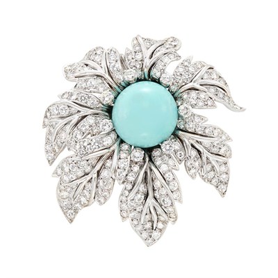Lot 338 - White Gold, Turquoise and Diamond Flower Clip-Brooch