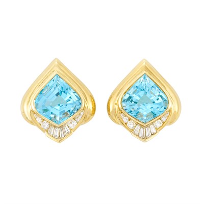 Lot 398 - Pair of Gold, Blue Topaz and Diamond Earclips