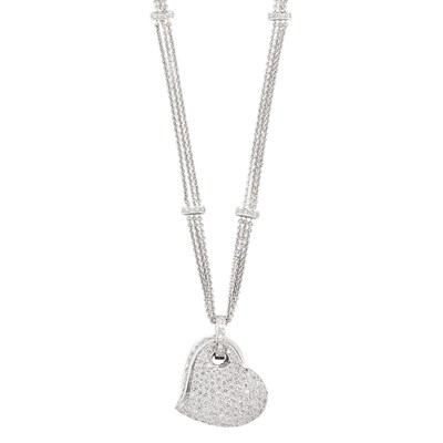 Lot 323 - Triple Strand White Gold and Diamond Heart Pendant Chain Necklace