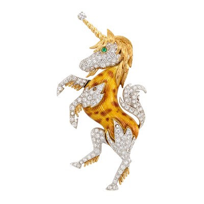 Lot 52 - Two-Color Gold, Enamel and Diamond Unicorn Brooch