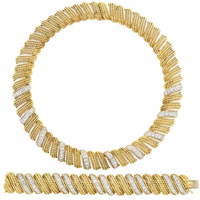 Lot 348 - Two-Color Gold and Diamond Necklace and Bracelet