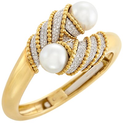 Lot 25 - Two-Color Gold, South Sea Cultured Pearl and Diamond Crossover Bangle Bracelet
