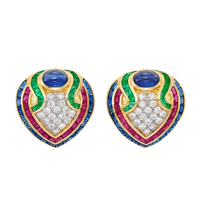 Lot 29 - Pair of Gold, Diamond, Cabochon Sapphire and Gem-Set Earclips