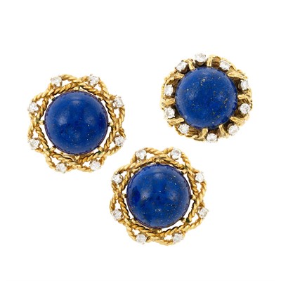 Lot 51 - Pair of Gold, Lapis and Diamond Earclips and Ring