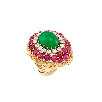 Lot 287 - Gold, Cabochon Emerald, Ruby and Diamond Ring