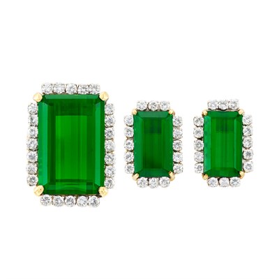Lot 376 - Pair of Two-Color Gold, Tourmaline and Diamond Earclips and Ring