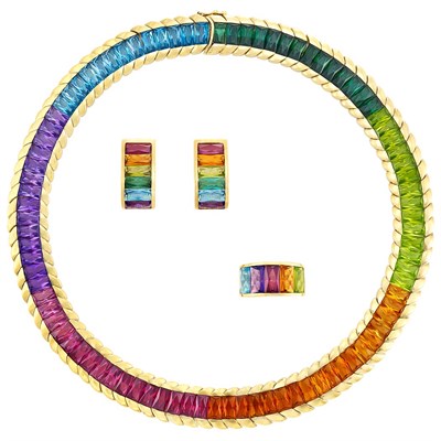 Lot 265 - Gold and Multicolored Stone Necklace, Pair of Earclips and Ring, Attributed to H. Stern