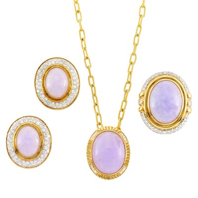 Lot 145 - Pair of Gold, Lavender Jade and Diamond Earclips, Ring and Pendant with Gold Chain Necklace