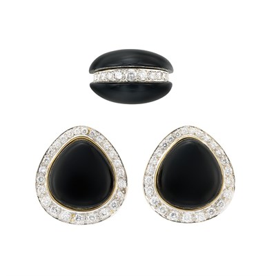 Lot 542 - Pair of Two-Color Gold, Black Onyx and Diamond Earclips and Dome Ring