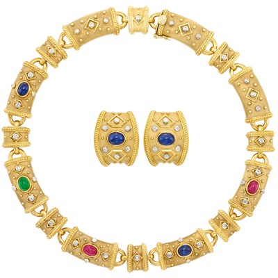 Lot 530 - Gold, Cabochon Colored Stone and Diamond Necklace and Pair of Earrings