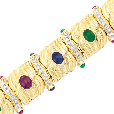 Lot 24 - Wide Two-Color Gold, Cabochon Colored Stone and Diamond Bracelet