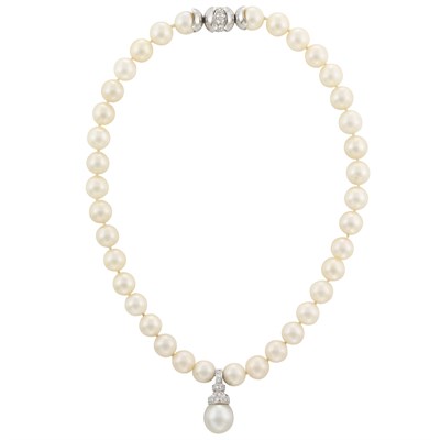 Lot 483 - Cultured Pearl, White Gold and Diamond Pendant-Necklace