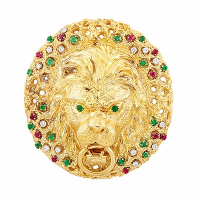 Lot 717 - Gold, Diamond and Gem-Set Lion Head Pendant-Brooch