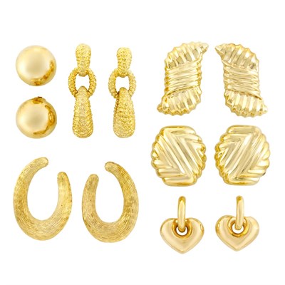 Lot 214 - Six Pairs of Gold Earclips and Earrings