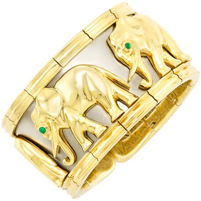 Lot 364 - Gold, Stainless Steel and Cabochon Emerald Elephant Cuff Bangle Bracelet