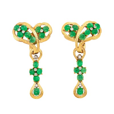 Lot 216 - Pair of Hammered Gold, Cabochon Emerald and Diamond Pendant-Earclips, Spritzer & Fuhrmann