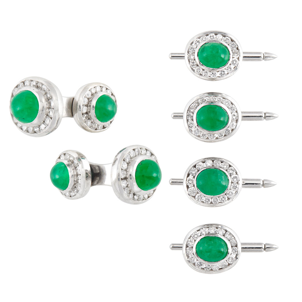 Lot 378 - White Gold, Emerald and Diamond Dress Set