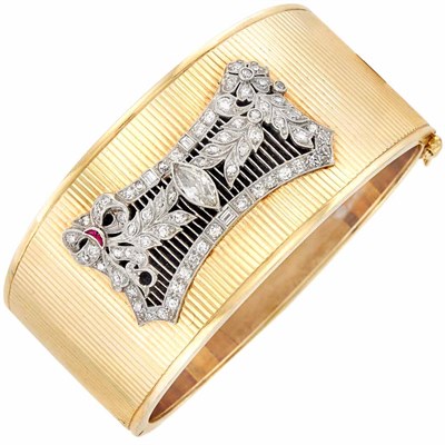 Lot 113 - Gold, Platinum, Diamond and Synthetic Ruby Cuff Bangle Bracelet