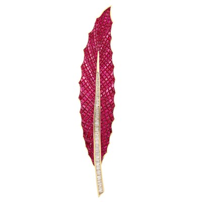 Lot 421 - Gold, Invisibly-Set Ruby and Diamond Leaf Brooch