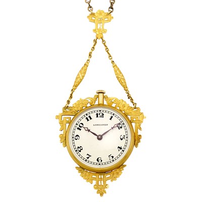 Lot 327 - Edwardian Gold, Platinum, Guilloche Enamel and Diamond Pendant-Watch, Longines, and Low Karat Gold Chain