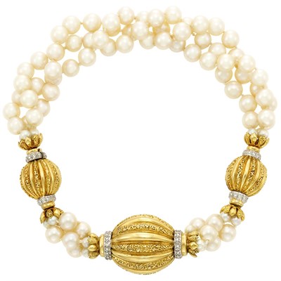 Lot 208 - Triple Strand Cultured Pearl, Gold and Diamond Torsade Necklace