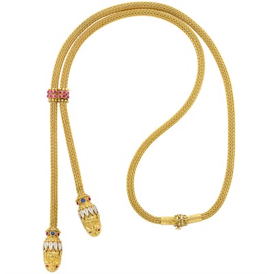 Lot 4 - Long Braided Gold, Ruby, Sapphire and Diamond Slide Necklace, Ilias Lalaounis