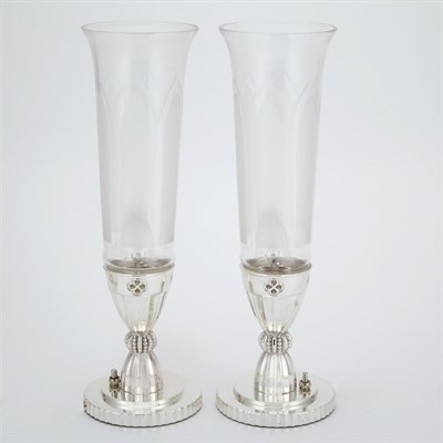 Lot 240 - Pair of Art Deco Silver Plate and Glass Lamps...