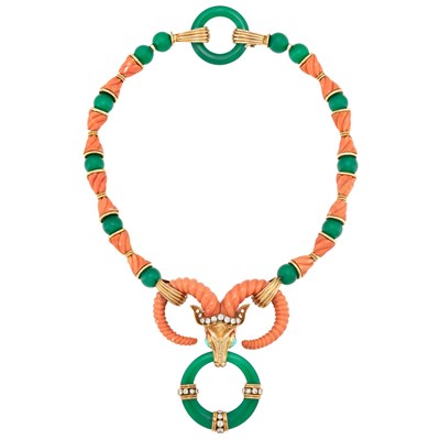 Lot 380 - Gold, Fluted Coral, Green Onyx Bead, Diamond and Turquoise Necklace, Cartier
