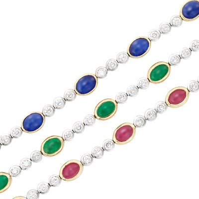 Lot 375 - Three Two-Color Gold, Cabochon Colored Stone and Diamond Bracelets