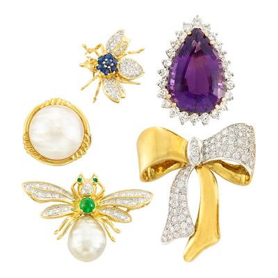 Lot 157 - Group of Gold, Diamond, Amethyst, Gem-Set, Mabe and Semi-Baroque Cultured Pearl Jewelry