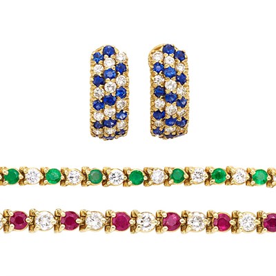 Lot 370 - Two Gold, Diamond, Ruby and Emerald Bracelets and Pair of Diamond and Sapphire Earrings