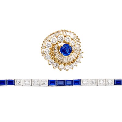 Lot 294 - White Gold, Diamond and Synthetic Sapphire Straightline Bracelet and Gold, Diamond and Sapphire Ring
