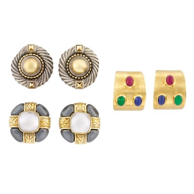 Lot 522 - Three Pairs of Sterling Silver, Gold, Hematite, Mabe Pearl and Colored Stone Earclips