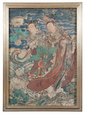 Lot 43 - Chinese Painted Stucco Wall Panel of Two...