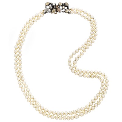 Lot 78 - Double Strand Natural Pearl Necklace with Antique Silver, Gold and Diamond Clasp
